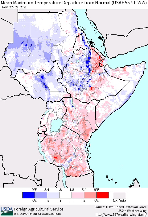 Eastern Africa Maximum Temperature Departure From Normal (USAF 557th WW) Thematic Map For 11/22/2021 - 11/28/2021