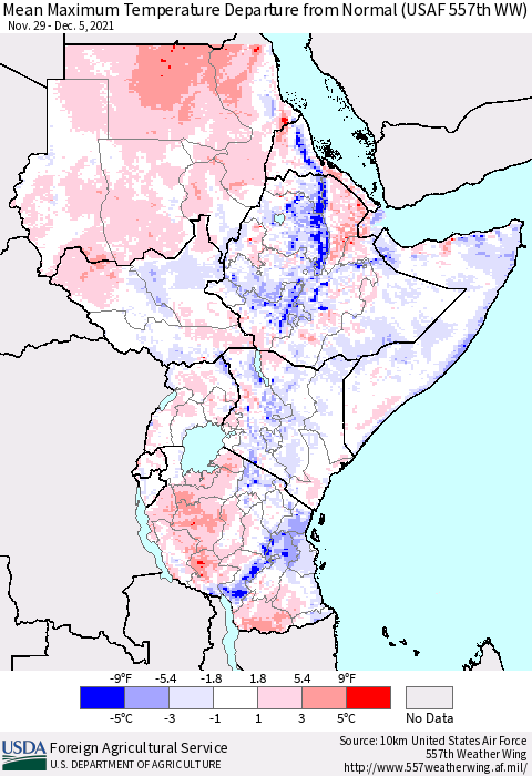 Eastern Africa Maximum Temperature Departure From Normal (USAF 557th WW) Thematic Map For 11/29/2021 - 12/5/2021