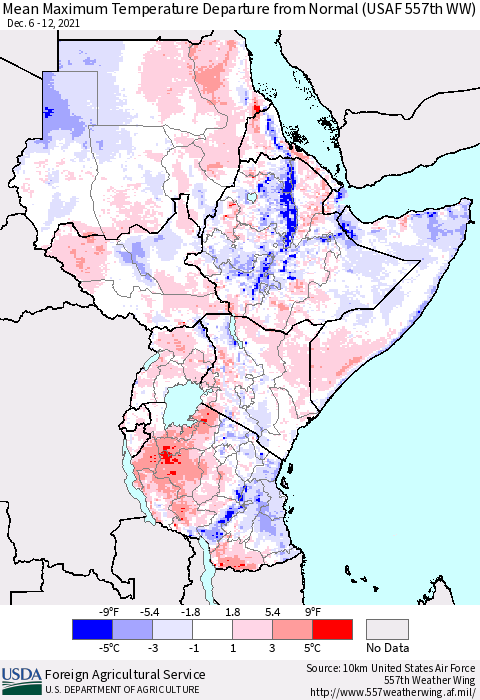 Eastern Africa Mean Maximum Temperature Departure from Normal (USAF 557th WW) Thematic Map For 12/6/2021 - 12/12/2021