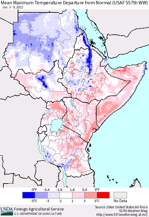 Eastern Africa Maximum Temperature Departure From Normal (USAF 557th WW) Thematic Map For 1/3/2022 - 1/9/2022