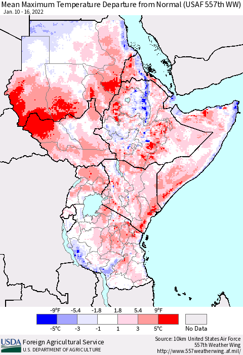 Eastern Africa Maximum Temperature Departure From Normal (USAF 557th WW) Thematic Map For 1/10/2022 - 1/16/2022