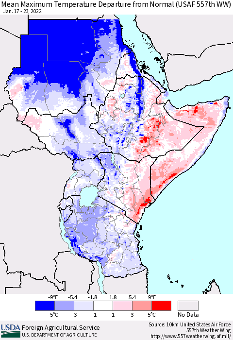 Eastern Africa Mean Maximum Temperature Departure from Normal (USAF 557th WW) Thematic Map For 1/17/2022 - 1/23/2022