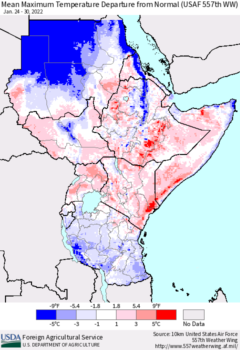 Eastern Africa Mean Maximum Temperature Departure from Normal (USAF 557th WW) Thematic Map For 1/24/2022 - 1/30/2022