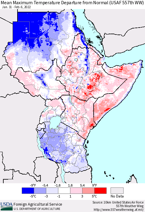 Eastern Africa Mean Maximum Temperature Departure from Normal (USAF 557th WW) Thematic Map For 1/31/2022 - 2/6/2022
