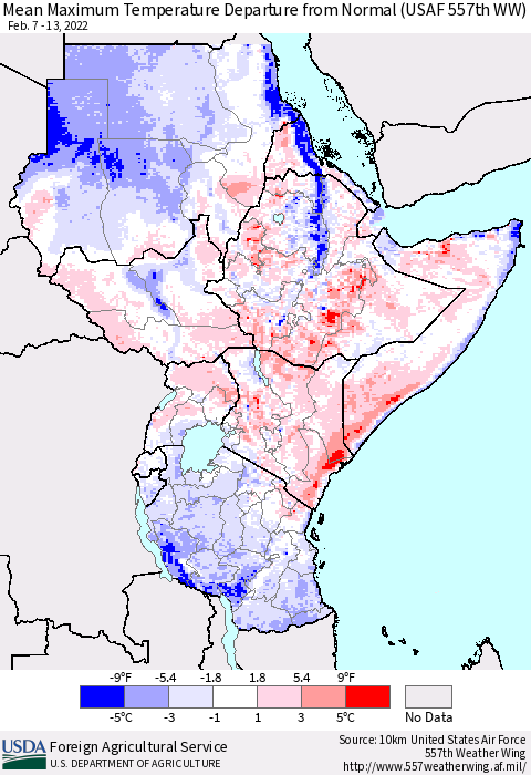 Eastern Africa Mean Maximum Temperature Departure from Normal (USAF 557th WW) Thematic Map For 2/7/2022 - 2/13/2022