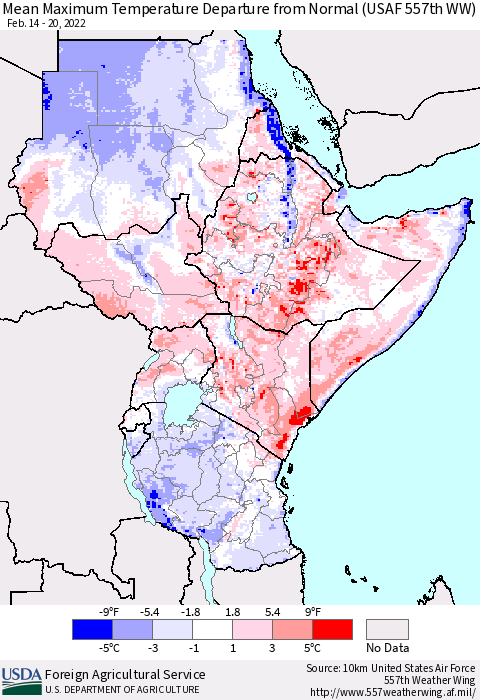 Eastern Africa Mean Maximum Temperature Departure from Normal (USAF 557th WW) Thematic Map For 2/14/2022 - 2/20/2022