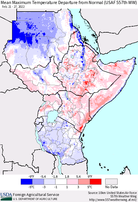 Eastern Africa Mean Maximum Temperature Departure from Normal (USAF 557th WW) Thematic Map For 2/21/2022 - 2/27/2022