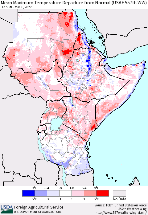 Eastern Africa Mean Maximum Temperature Departure from Normal (USAF 557th WW) Thematic Map For 2/28/2022 - 3/6/2022