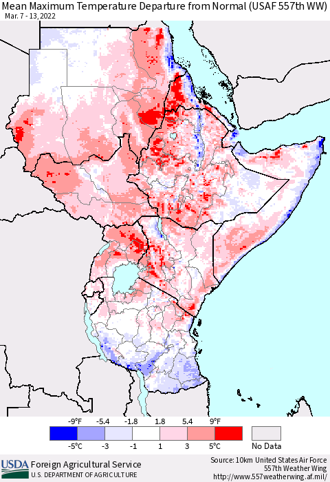 Eastern Africa Mean Maximum Temperature Departure from Normal (USAF 557th WW) Thematic Map For 3/7/2022 - 3/13/2022
