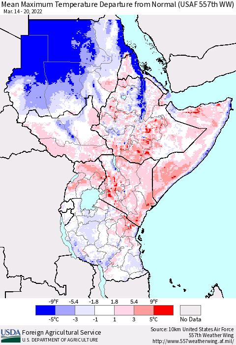 Eastern Africa Mean Maximum Temperature Departure from Normal (USAF 557th WW) Thematic Map For 3/14/2022 - 3/20/2022