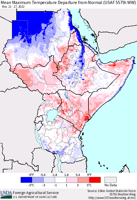 Eastern Africa Mean Maximum Temperature Departure from Normal (USAF 557th WW) Thematic Map For 3/21/2022 - 3/27/2022