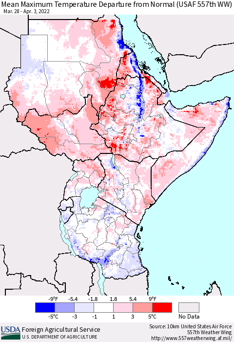 Eastern Africa Mean Maximum Temperature Departure from Normal (USAF 557th WW) Thematic Map For 3/28/2022 - 4/3/2022