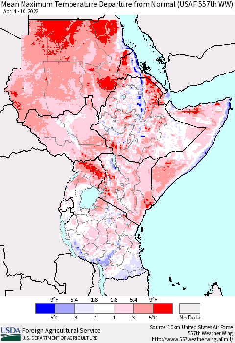 Eastern Africa Mean Maximum Temperature Departure from Normal (USAF 557th WW) Thematic Map For 4/4/2022 - 4/10/2022