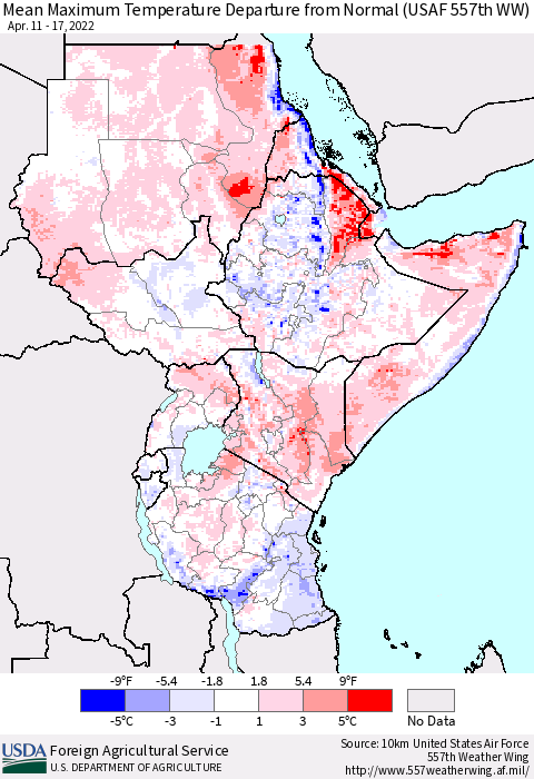 Eastern Africa Mean Maximum Temperature Departure from Normal (USAF 557th WW) Thematic Map For 4/11/2022 - 4/17/2022
