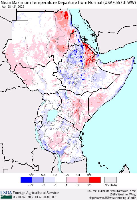 Eastern Africa Mean Maximum Temperature Departure from Normal (USAF 557th WW) Thematic Map For 4/18/2022 - 4/24/2022