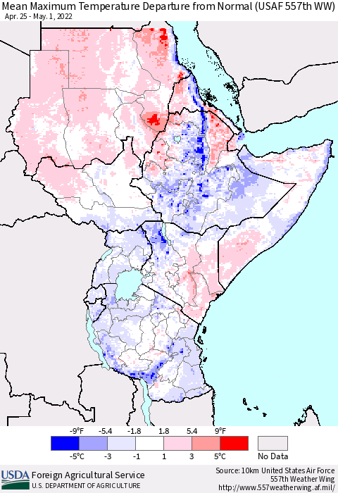 Eastern Africa Mean Maximum Temperature Departure from Normal (USAF 557th WW) Thematic Map For 4/25/2022 - 5/1/2022