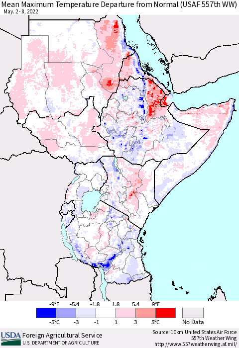 Eastern Africa Mean Maximum Temperature Departure from Normal (USAF 557th WW) Thematic Map For 5/2/2022 - 5/8/2022