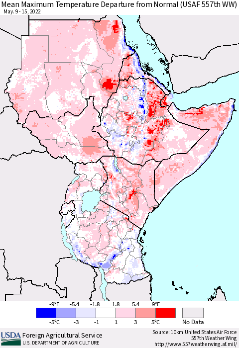 Eastern Africa Mean Maximum Temperature Departure from Normal (USAF 557th WW) Thematic Map For 5/9/2022 - 5/15/2022