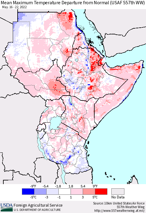 Eastern Africa Mean Maximum Temperature Departure from Normal (USAF 557th WW) Thematic Map For 5/16/2022 - 5/22/2022