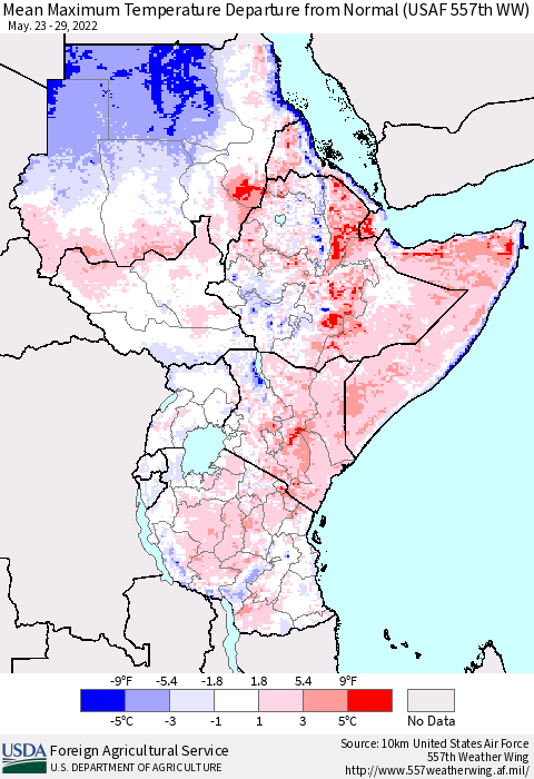 Eastern Africa Mean Maximum Temperature Departure from Normal (USAF 557th WW) Thematic Map For 5/23/2022 - 5/29/2022