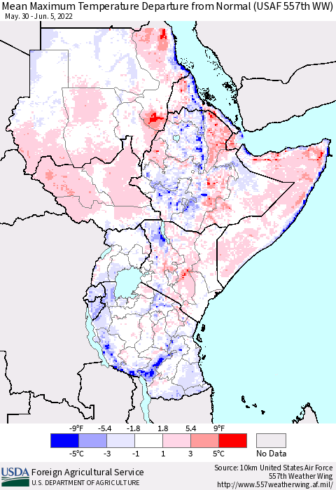 Eastern Africa Mean Maximum Temperature Departure from Normal (USAF 557th WW) Thematic Map For 5/30/2022 - 6/5/2022