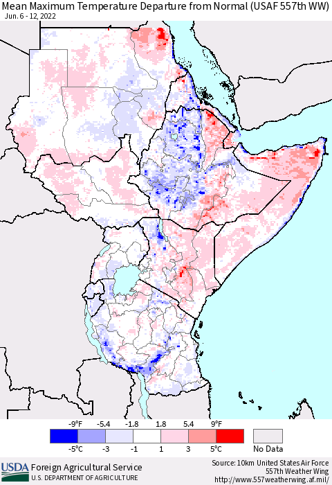 Eastern Africa Mean Maximum Temperature Departure from Normal (USAF 557th WW) Thematic Map For 6/6/2022 - 6/12/2022