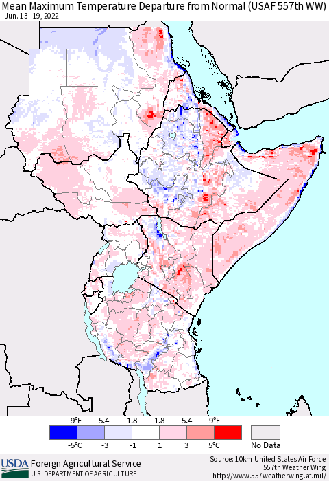 Eastern Africa Mean Maximum Temperature Departure from Normal (USAF 557th WW) Thematic Map For 6/13/2022 - 6/19/2022