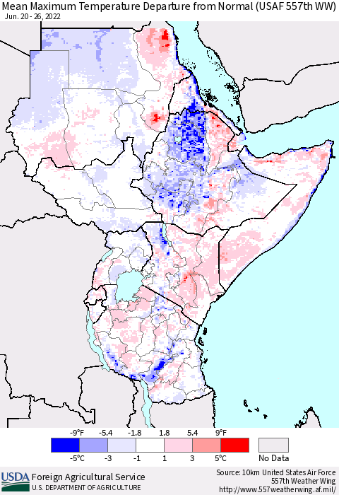 Eastern Africa Mean Maximum Temperature Departure from Normal (USAF 557th WW) Thematic Map For 6/20/2022 - 6/26/2022