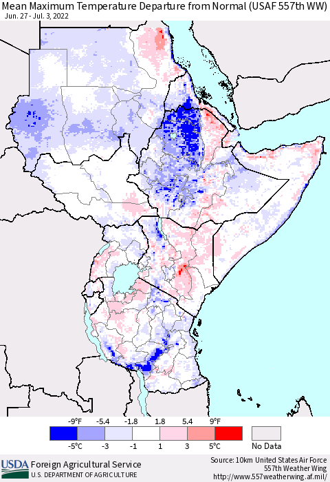Eastern Africa Mean Maximum Temperature Departure from Normal (USAF 557th WW) Thematic Map For 6/27/2022 - 7/3/2022