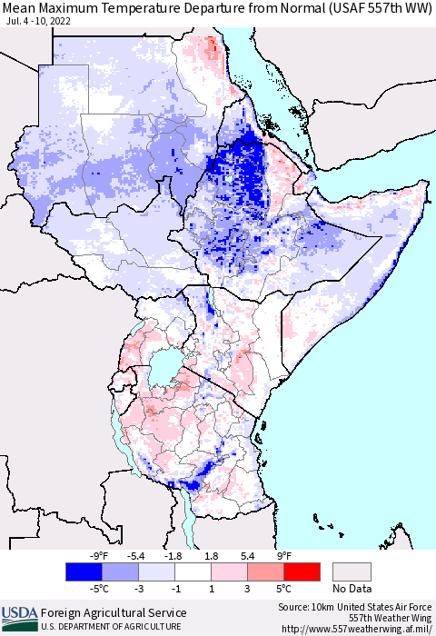 Eastern Africa Mean Maximum Temperature Departure from Normal (USAF 557th WW) Thematic Map For 7/4/2022 - 7/10/2022