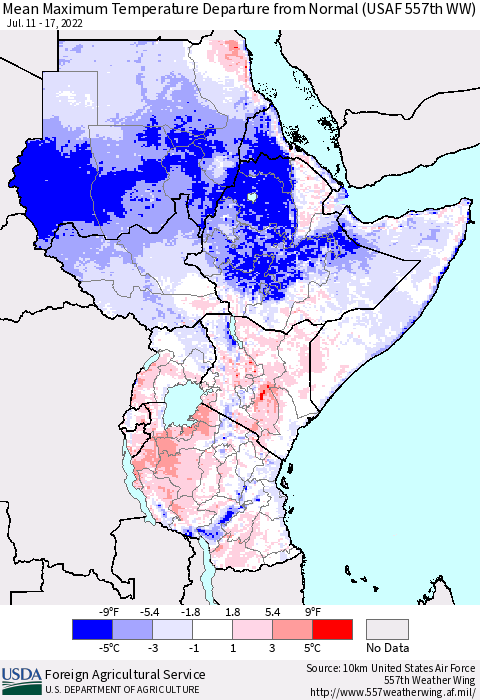 Eastern Africa Mean Maximum Temperature Departure from Normal (USAF 557th WW) Thematic Map For 7/11/2022 - 7/17/2022