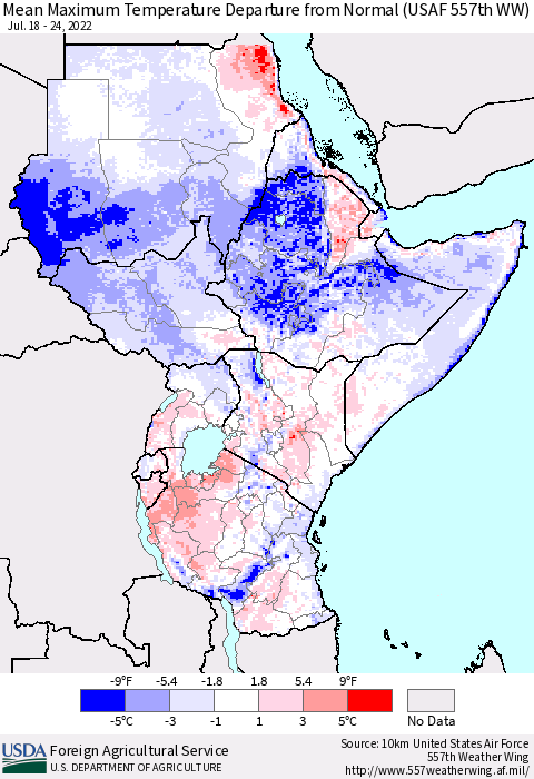 Eastern Africa Mean Maximum Temperature Departure from Normal (USAF 557th WW) Thematic Map For 7/18/2022 - 7/24/2022