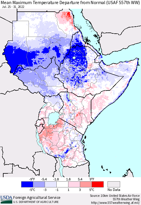Eastern Africa Mean Maximum Temperature Departure from Normal (USAF 557th WW) Thematic Map For 7/25/2022 - 7/31/2022