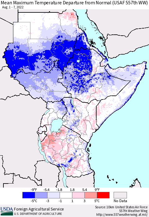 Eastern Africa Mean Maximum Temperature Departure from Normal (USAF 557th WW) Thematic Map For 8/1/2022 - 8/7/2022