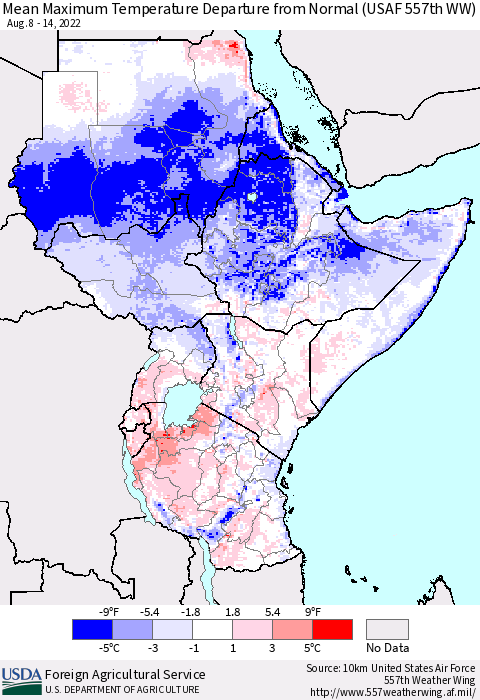 Eastern Africa Mean Maximum Temperature Departure from Normal (USAF 557th WW) Thematic Map For 8/8/2022 - 8/14/2022