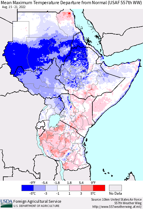Eastern Africa Mean Maximum Temperature Departure from Normal (USAF 557th WW) Thematic Map For 8/15/2022 - 8/21/2022