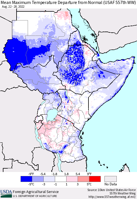Eastern Africa Mean Maximum Temperature Departure from Normal (USAF 557th WW) Thematic Map For 8/22/2022 - 8/28/2022