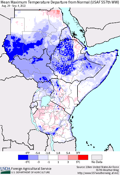 Eastern Africa Mean Maximum Temperature Departure from Normal (USAF 557th WW) Thematic Map For 8/29/2022 - 9/4/2022