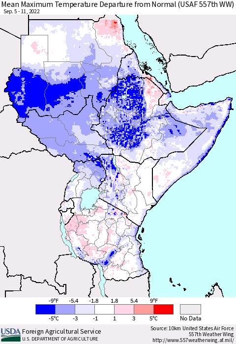 Eastern Africa Mean Maximum Temperature Departure from Normal (USAF 557th WW) Thematic Map For 9/5/2022 - 9/11/2022