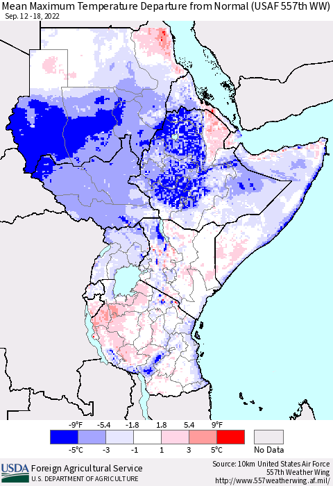 Eastern Africa Mean Maximum Temperature Departure from Normal (USAF 557th WW) Thematic Map For 9/12/2022 - 9/18/2022