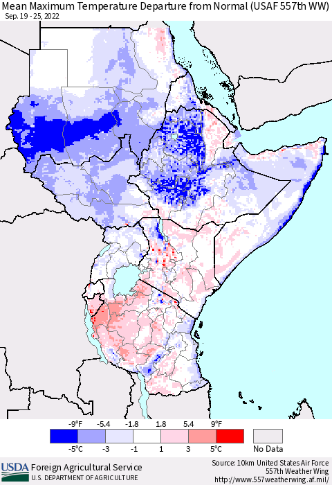 Eastern Africa Mean Maximum Temperature Departure from Normal (USAF 557th WW) Thematic Map For 9/19/2022 - 9/25/2022
