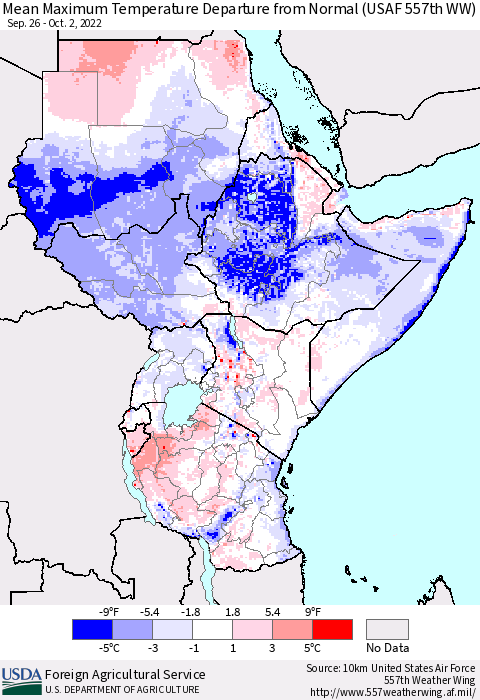 Eastern Africa Mean Maximum Temperature Departure from Normal (USAF 557th WW) Thematic Map For 9/26/2022 - 10/2/2022