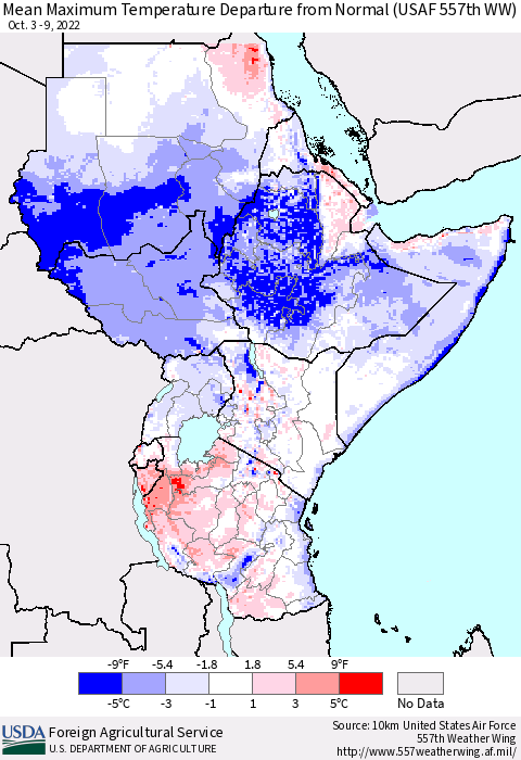 Eastern Africa Mean Maximum Temperature Departure from Normal (USAF 557th WW) Thematic Map For 10/3/2022 - 10/9/2022
