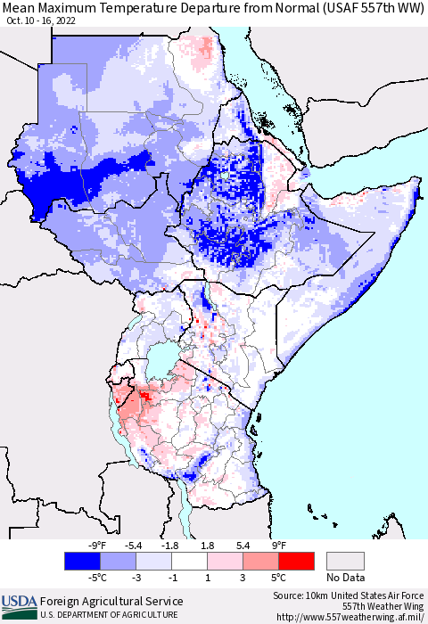 Eastern Africa Mean Maximum Temperature Departure from Normal (USAF 557th WW) Thematic Map For 10/10/2022 - 10/16/2022
