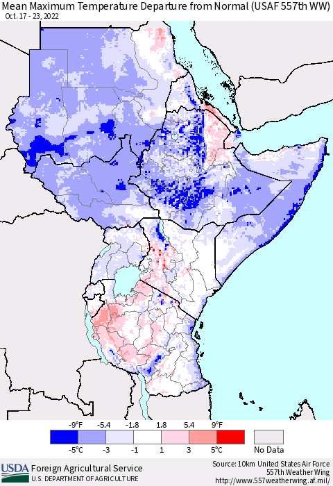 Eastern Africa Mean Maximum Temperature Departure from Normal (USAF 557th WW) Thematic Map For 10/17/2022 - 10/23/2022