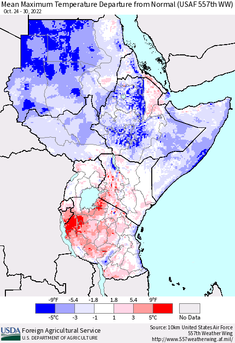 Eastern Africa Mean Maximum Temperature Departure from Normal (USAF 557th WW) Thematic Map For 10/24/2022 - 10/30/2022