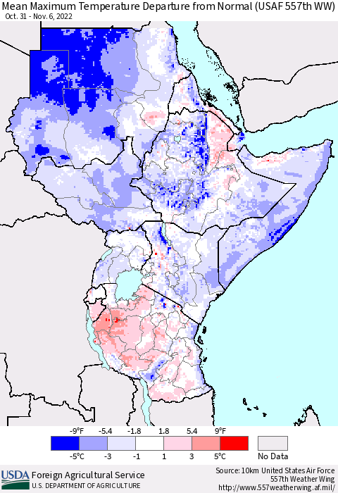 Eastern Africa Mean Maximum Temperature Departure from Normal (USAF 557th WW) Thematic Map For 10/31/2022 - 11/6/2022