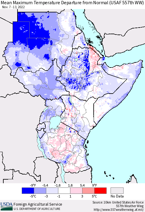 Eastern Africa Mean Maximum Temperature Departure from Normal (USAF 557th WW) Thematic Map For 11/7/2022 - 11/13/2022