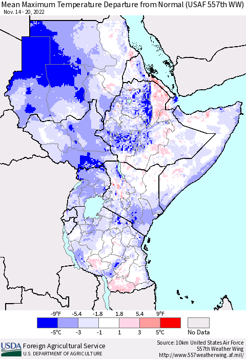 Eastern Africa Mean Maximum Temperature Departure from Normal (USAF 557th WW) Thematic Map For 11/14/2022 - 11/20/2022
