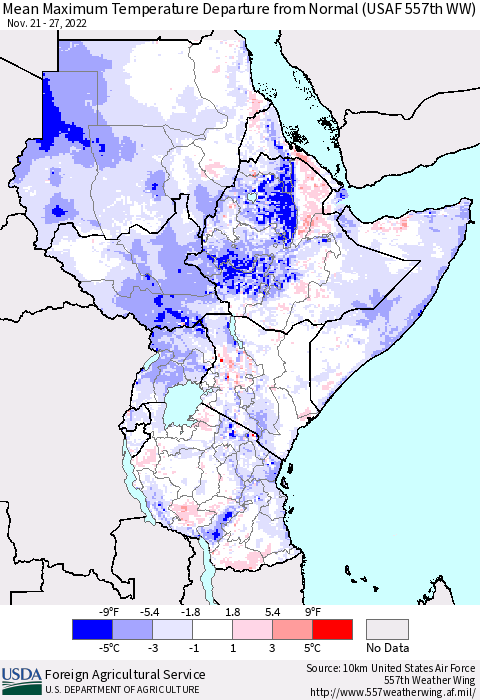 Eastern Africa Mean Maximum Temperature Departure from Normal (USAF 557th WW) Thematic Map For 11/21/2022 - 11/27/2022